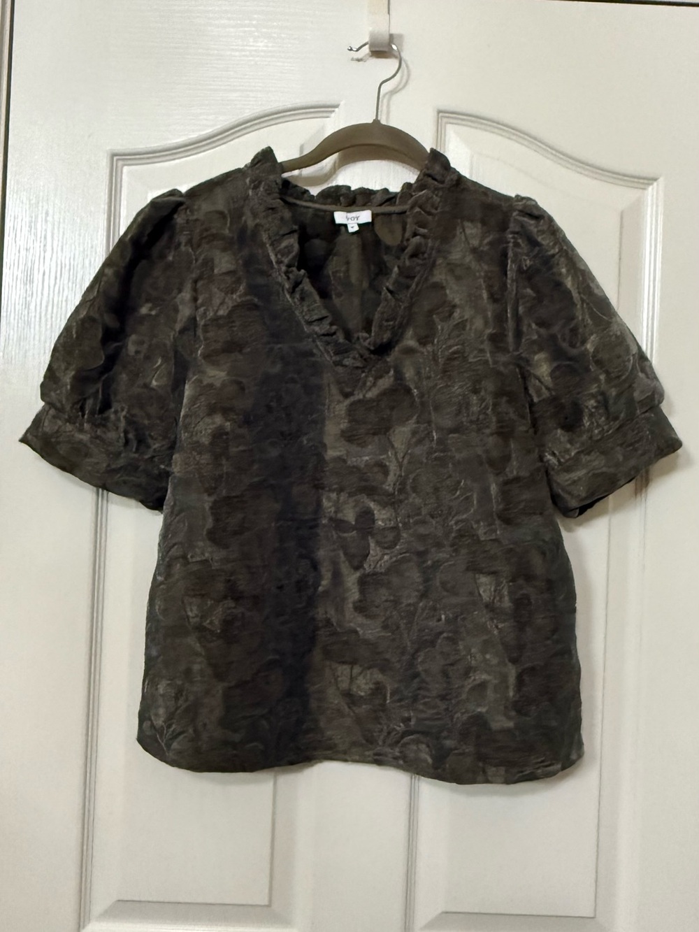 Soybu Olive-Tone Textured Ruffle V-Neck Blouse